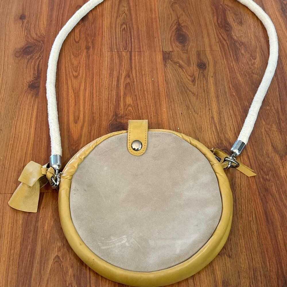 Brixton interesting round suede leather cream beige crossbody handbag